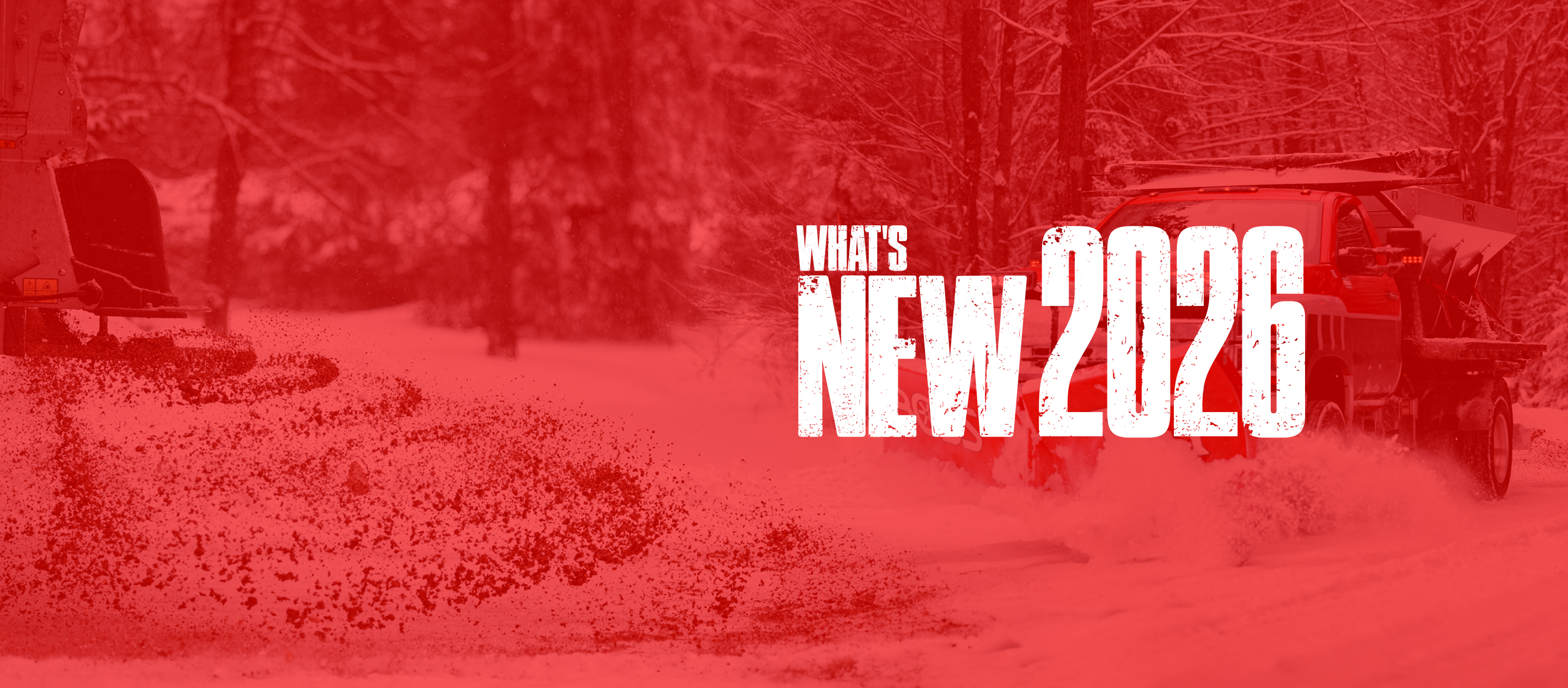 Picture of sand spreading and a truck plowing snow with a BOSS DXT and MBX+ Spreader. Red Overlay and 'What's New 2026' graphic.